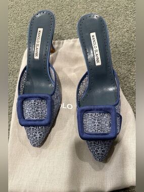 Manolo Blahnik  Lace Pointed Mules with Buckle